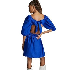 Anthropologie White Scalloped Puff Shoulders Mini Women’s Blue Dress - Size XL